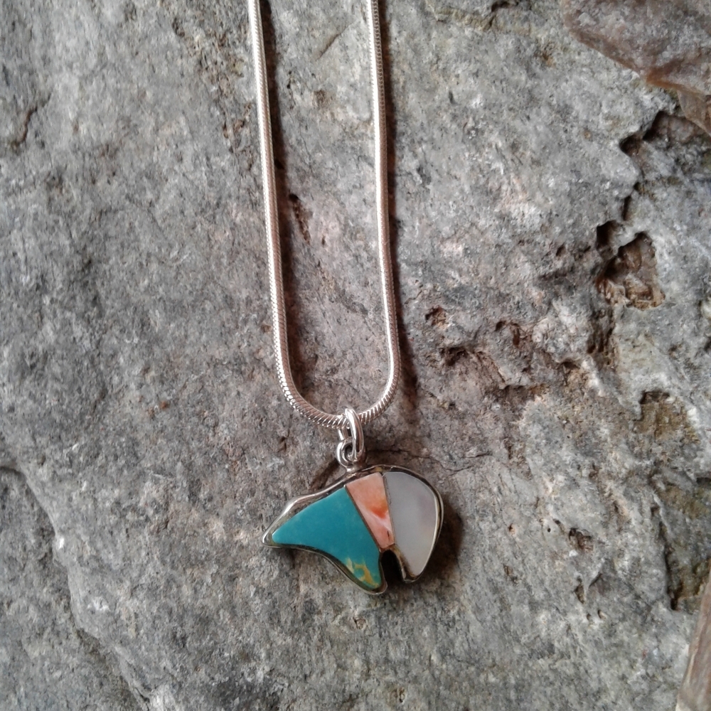 Sterling Turquoise inlay Bear Fetish PENDANT - Picture 7 of 8